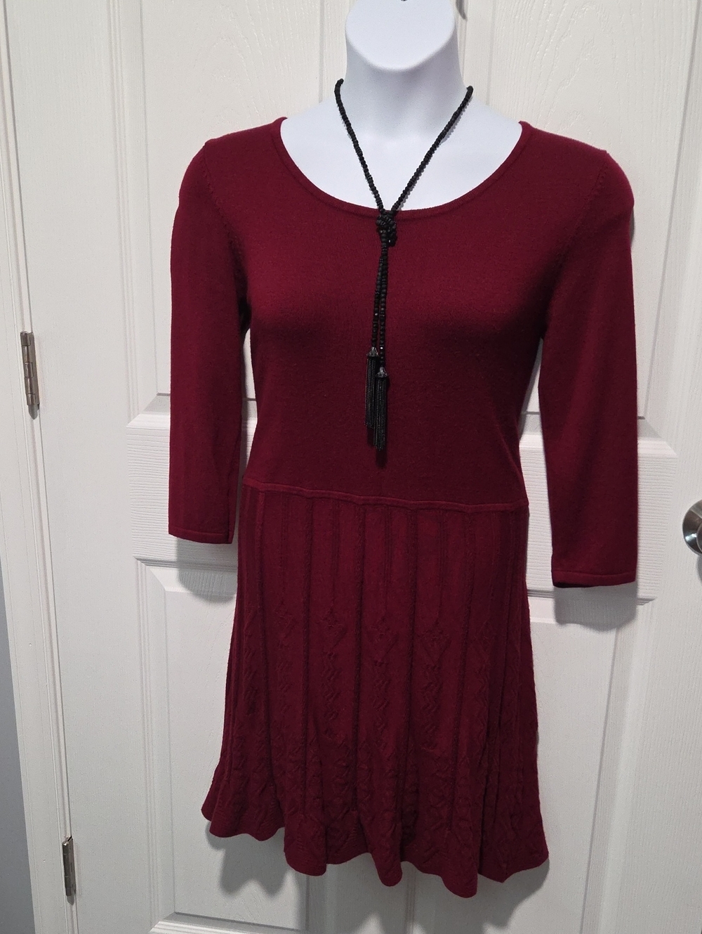 AB Studio Maroon Long-Sleeve Knit Fit-and-Flare Dress